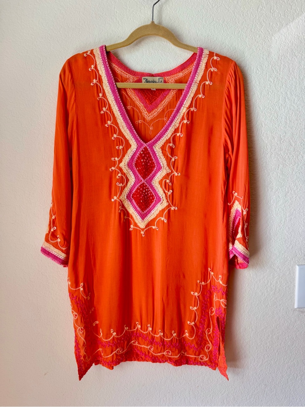 St. Barth Orange Embroidered Sequin Tunic Dress — Boho Resort Kaftan Style